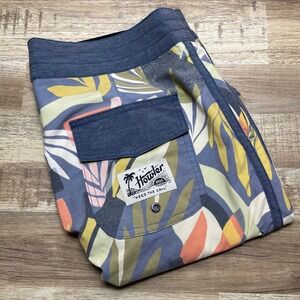 Howler Brothers Mens 32 Board Shorts Abstract Tropical Blue Yellow Heed The Call